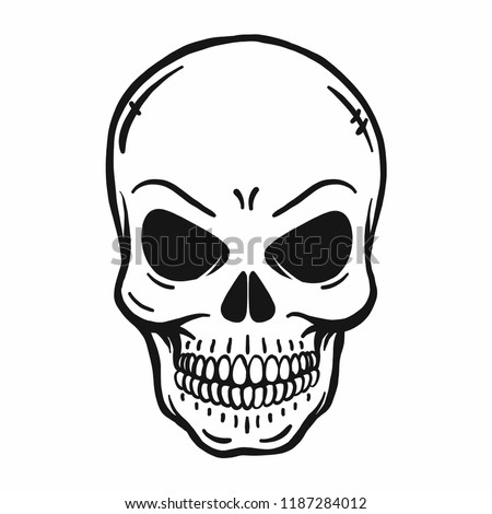 evil looking horror skull. Outline, vector, tattoo, halloween, poisonous, deadly, isolated