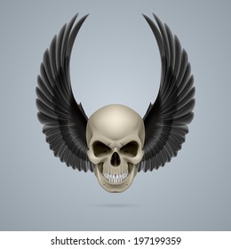 Evil looking ivory skull with two crow wings up.
