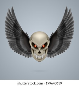 Evil looking mutant skull with long fangs and black wings