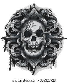 Evil Looking Skull with Twirl design, black ink & Grunge Background