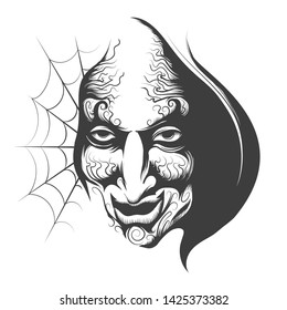 Evil Magician Face drawn in tattoo style. Vector illustration