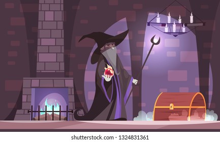 Evil magician in wicked witch hat with power ball treasure chest in dark castle chamber cartoon vector illustration