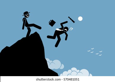 Evil Man Kicking Down His Business Partner From The Top Of The Hill. Vector Artworks Depicts Betrayal, Rivalry, And Competition.