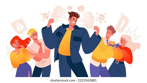 Evil Man, аurious person in rage and People Frightened by His Behavior. Theme of bullying, emotional breakdown, burnout at work, uncontrollable anger, effect of stress on main character and community