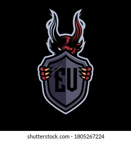 evil mascot logo design vector with modern illustration concept style for badge, emblem and t shirt printing. the devil behind the shield