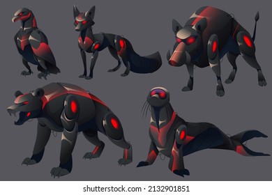 Evil mechanical animals, bear, seal, boar, fox and eagle robots. Vector cartoon set of futuristic angry pets cyborgs, black mechanic grizzly, warthog and bird isolated on gray background