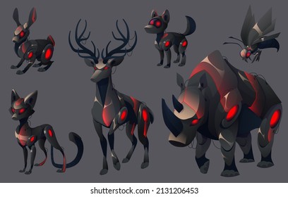 Evil mechanical animals, deer, cat, dog, wasp, rhinoceros and rabbit robots. Vector cartoon set of futuristic angry pets cyborgs, black mechanic rhino, reindeer, puppy isolated on gray background