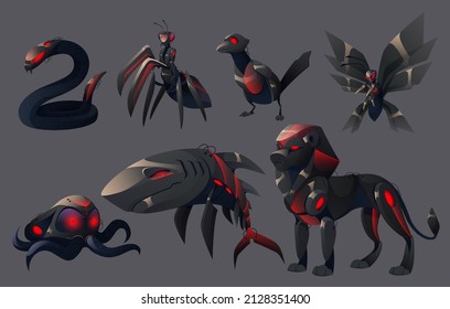 Evil mechanical animals, lion, shark, octopus, butterfly and bird robots. Vector cartoon set of futuristic angry pets cyborgs, black mechanic mantis, snake and fish isolated on gray background