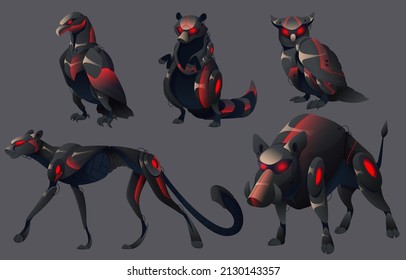 Evil mechanical animals, panther, owl, eagle, raccoon and boar robots. Vector cartoon set of futuristic angry pets cyborgs, black mechanic warthog, leopard and birds isolated on gray background
