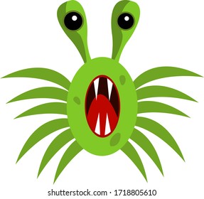 Evil microorganism with tentacles and sharp fangs. Virus and disease concept object on white background.
