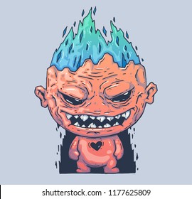 Evil monster with a burning head. Cartoon illustration for print and web. Character in the modern graphic style. Trendy style.