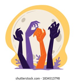 Evil monsters raising from graves in halloween night. Resurrection of dead, zombie apocalypse or attack. Hands of terrible creature and decorative foliage, full moon shining vector in flat style