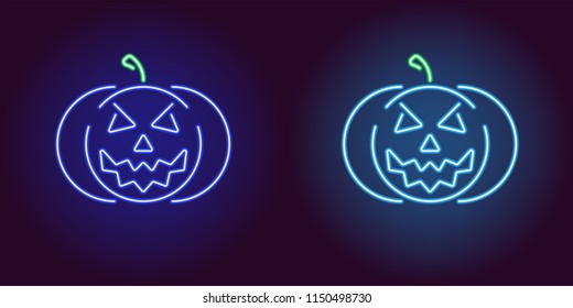 Evil neon pumpkin in blue and light blue color. Vector illustration icon of halloween Pumpkin with evil Smile in glowing neon style. Illuminated graphic element for decoration of Halloween holiday