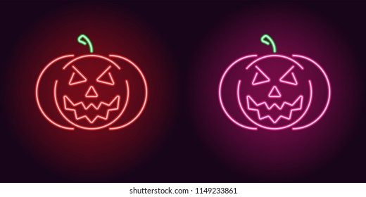 Evil neon pumpkin in red and pink color. Vector illustration icon of halloween Pumpkin with evil Smile in glowing neon style. Illuminated graphic element for decoration of Halloween holiday