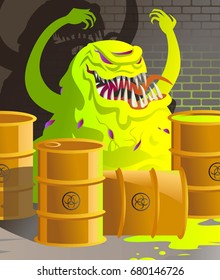 evil nuclear radioactive monster in toxic waste barrels