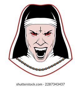 Evil nun. Vector illustration of halloween costume possessed by the demon. Angry holy sister