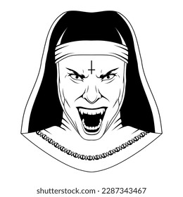 Evil nun. Vector illustration sketch of halloween costume possessed by the demon. Angry holy sister