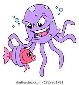 an evil octopus is catching a fish that is powerless to eat, vector illustration art. doodle icon image kawaii.