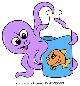 The evil octopus is in the mood to eat the small fish in the bottle, vector illustration art. doodle icon image kawaii.