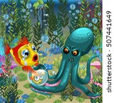 Evil octopus robs fish of her child. A poster on the theme of the inhabitants of seas and oceans. Vector illustration.
