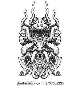 evil octopus and skull decoration black an white line art 