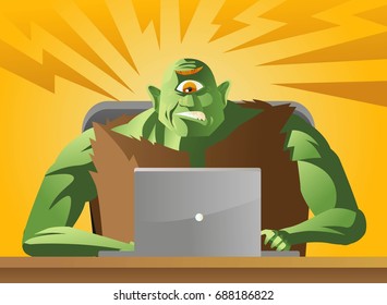 evil ogre troll monster using a computer