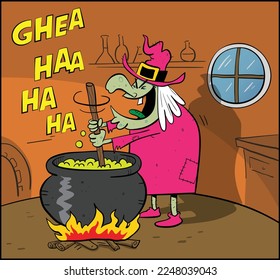 Evil old witch laughing and cooking a magical recipe in big steaming pot