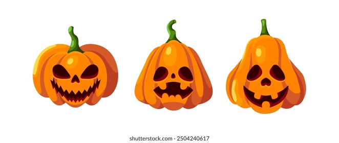 Evil orange Halloween pumpkins objects flat color vector icon set. Traditional spooky autumn holiday decor illustration pack on white background