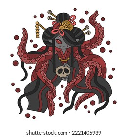 Evil oriental witch with japanese hairestyle. Asian octopus mermaid with red tentacles. Black magic wizard girl. Scary dark fantasy marine poster. Funny cartoon vector illustration. Isolated on white