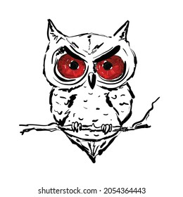 Evil Owl Sitting On A Branch. Sketch. Owl With Big Red Eyes. Halloween Owl