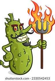 Evil pickle devil cartoon with a sharp pointy demon pitch fork and vampire fangs with a villainous mustache from the depths of hell ready to burn your mouth with hot spicy flavor