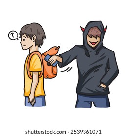 Evil pickpocket stealing young tourist smartphone from his backpack colorful illustration isolated on square white background. Simple flat outlined cartoon art styled drawing.