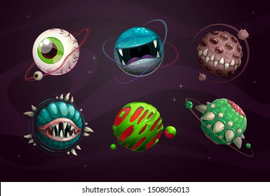 Evil planet concept. Scary monster planets set. Fantasy cosmic assets for game design. Vector space illustration.