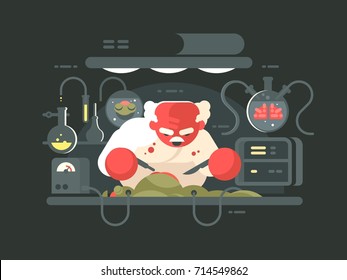 Evil professor doing experiment in bio laboratory. Vector flat illustration