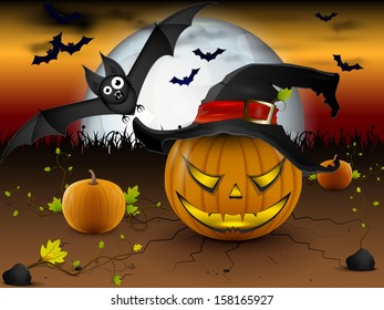 evil pumpkin with bat under a bright moon in the night of Halloween