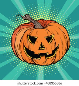 Evil pumpkin character Halloween, pop art retro vector illustration