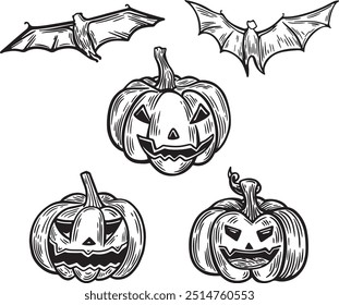 Evil pumpkin collection hand drawing vector isolated on white background.