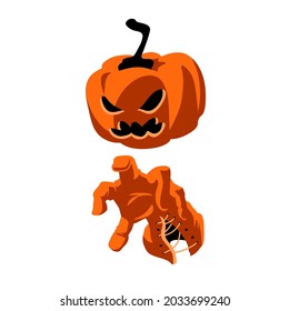 una calabaza malvada con una mano engullida, un símbolo de Halloween, jack-o-lantern, una ilustración del vector de color aislada en un fondo blanco en un estilo de caricatura y un diseño plano