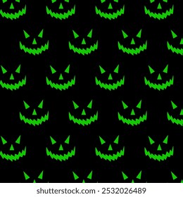 Evil Pumpkin Face With Scary Smile Pattern. Creepy Halloween Decoration. Dark Vector Illustration. Spooky Cartoon Character For October 31st Celebrations, Holiday Posters, Banners, And Invitations.