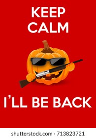 Evil pumpkin with gun in his hands and sunglasses. Poster for Happy Halloween. Halloween pumpkin. Vector illustration.