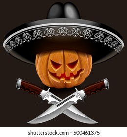 evil pumpkin for Halloween in a sombrero with knives