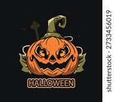 Evil pumpkin halloween text bats gravestone spooky dark background