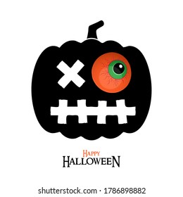 an evil pumpkin with one eye and a sealed mouth. The object is isolated on a white background. Postcard or square banner for the holiday Halloween 
