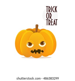 Evil Pumpkin and text "Trick or Treat" on a white background. Angry Halloween pumpkin face character template.