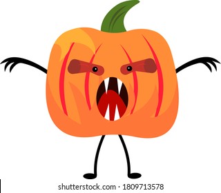 evil Pumpkin vegetable monster with red eyes and open mouth with sharp fangs. Object on white background of Halloween and mysticism concept