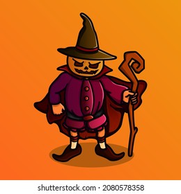 evil pumpkin witch mascot character design carrying a magic wand