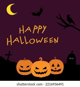 Evil pumpkins at the cemetery. Halloween attributes. Happy Halloween. Hand drawn