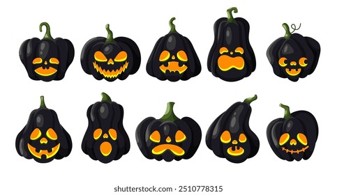 Evil pumpkins painted in black color. Halloween objects flat color vector icon set. Traditional spooky fall holiday decor illustration spooky fall holiday decor on white background