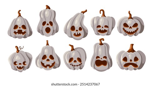 Evil pumpkins painted in white color. Halloween objects flat color vector icon set. Traditional spooky fall holiday decor illustration spooky fall holiday decor on white background