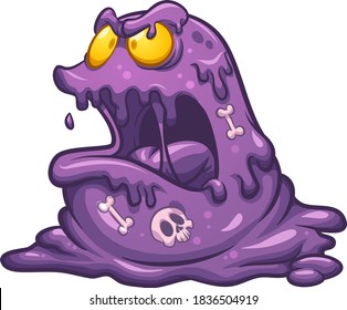 Evil purple cartoon slime monster with digested bones inside. Vector clip art illustration with simple gradients. All on a single layer. 
